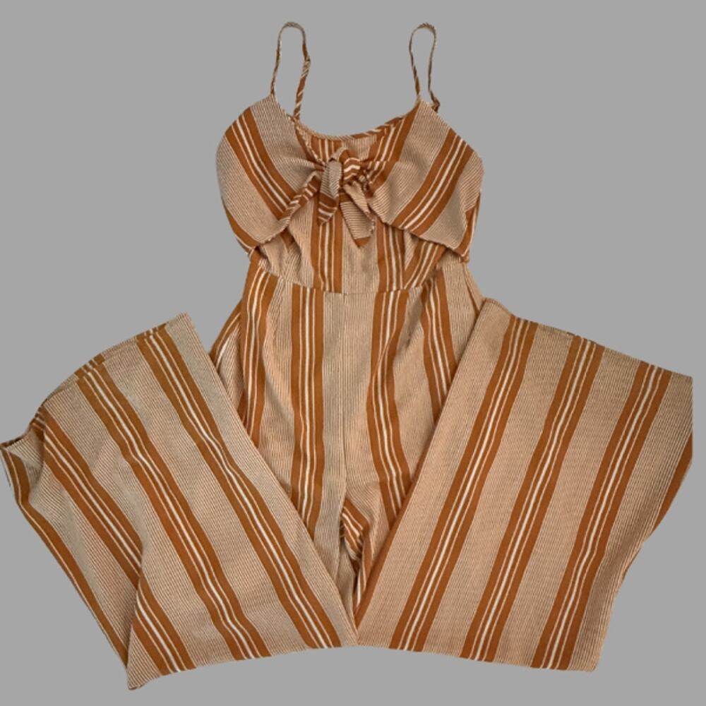 Altar'd State Rust Striped Wide Leg Jumpsuit Bow Tie Front Smocked Size L